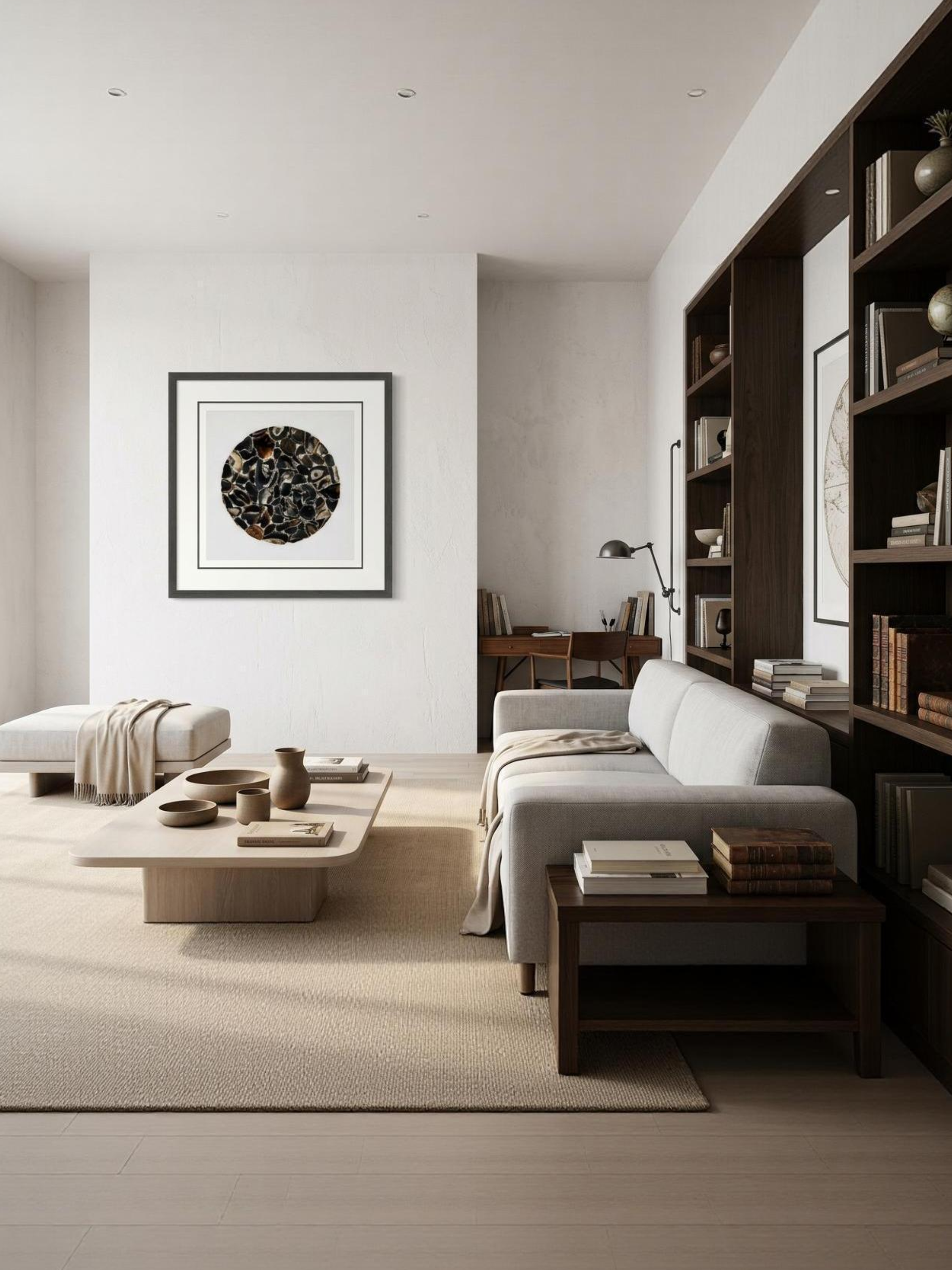 Schwarze Achatstücke-Wanddeko mit anthrazitgrauem Holzrahmen