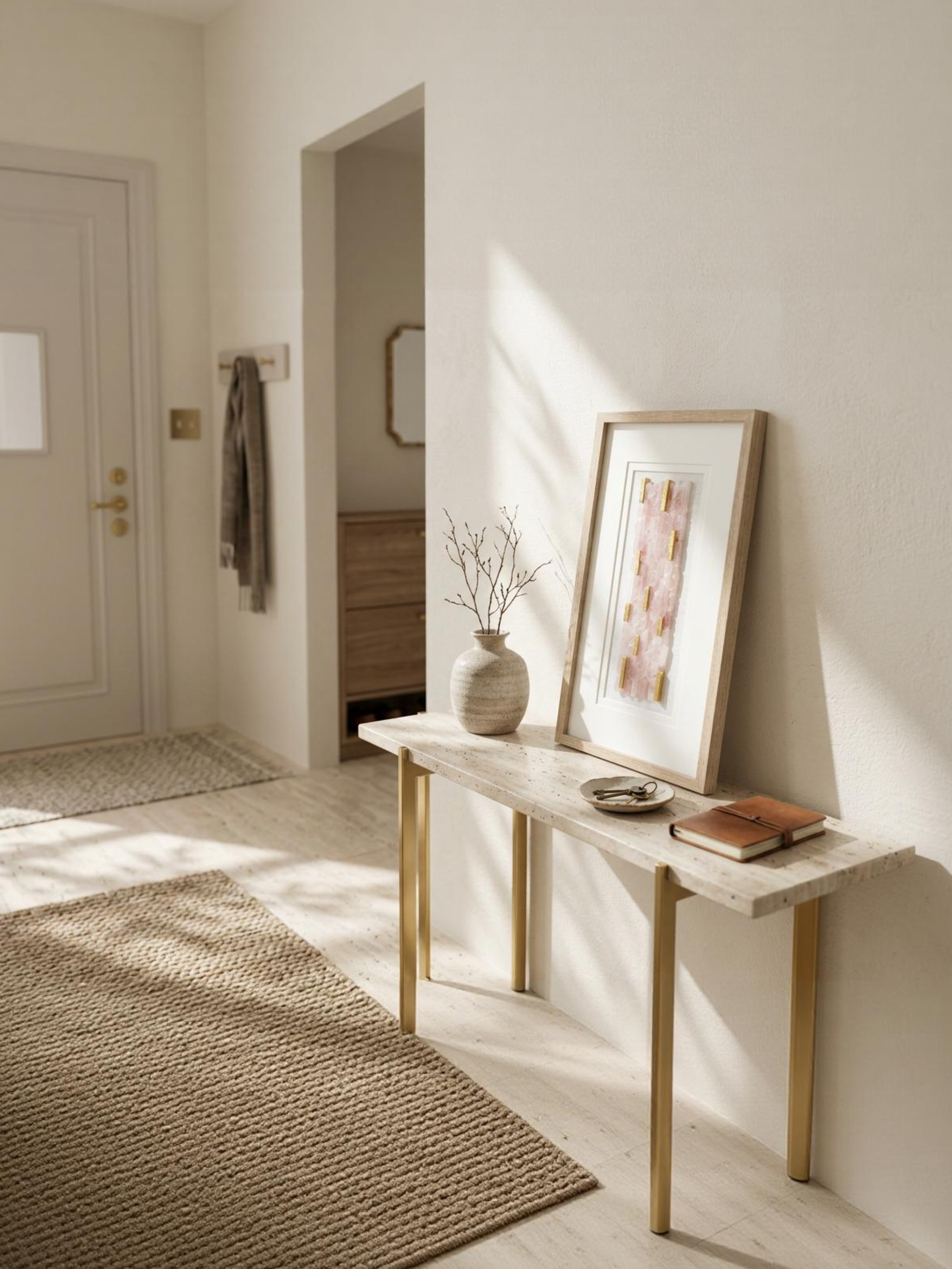 Rosenquarzstreifen-Wanddeko mit hellgrauem Holzrahmen