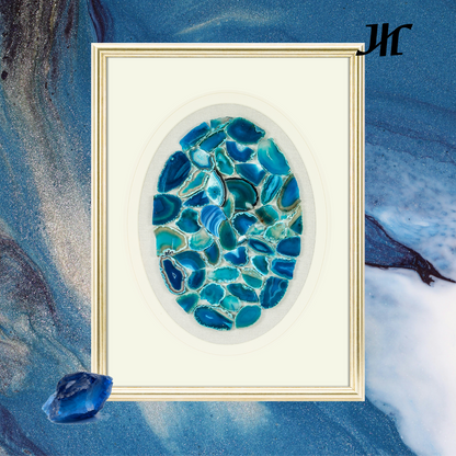 Ovales Blaues Achat Wanddeko mit Metallrahmen