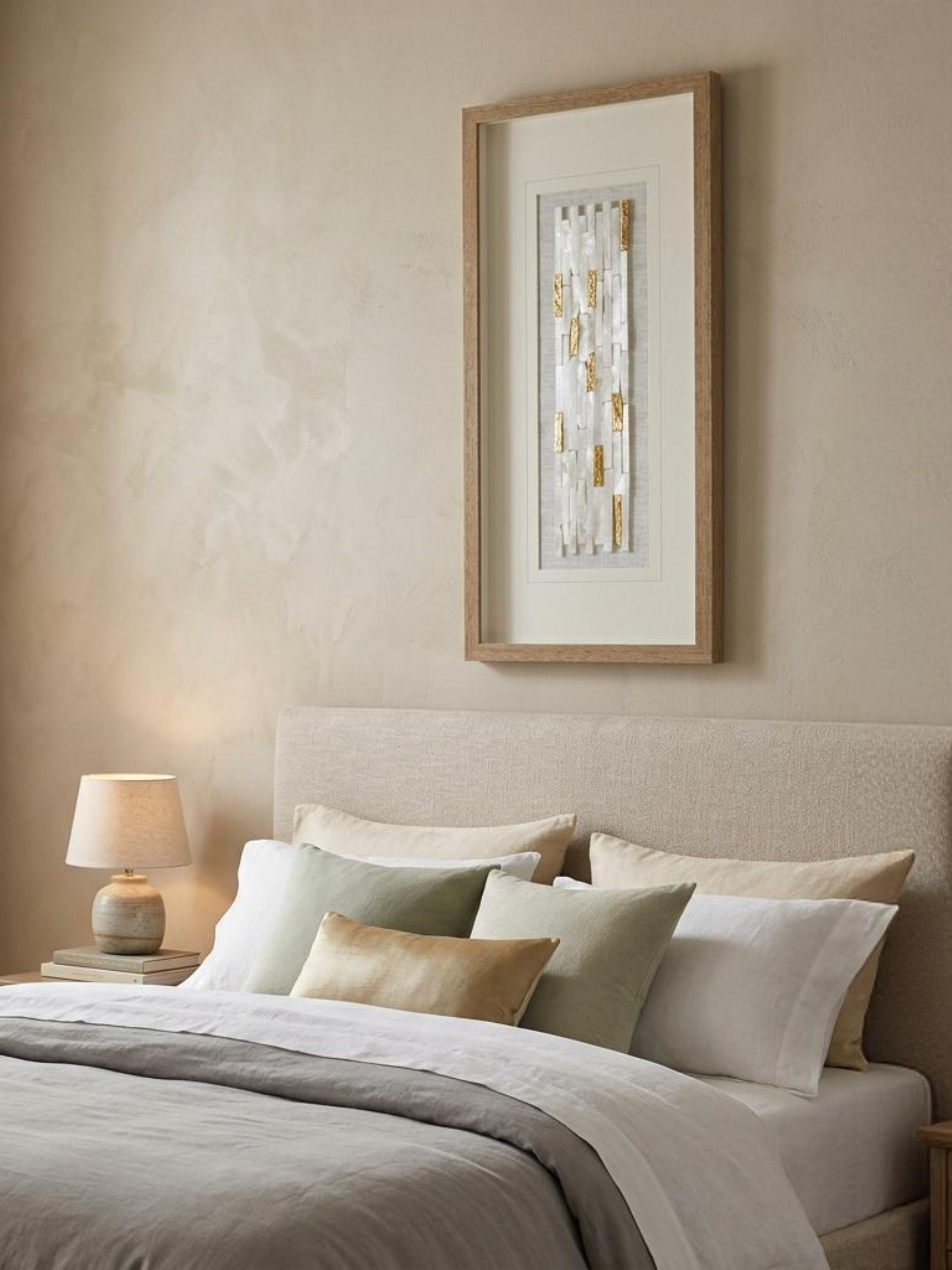 Weiße Selenitstreifen-Wanddeko mit hellgrauem Holzrahmen