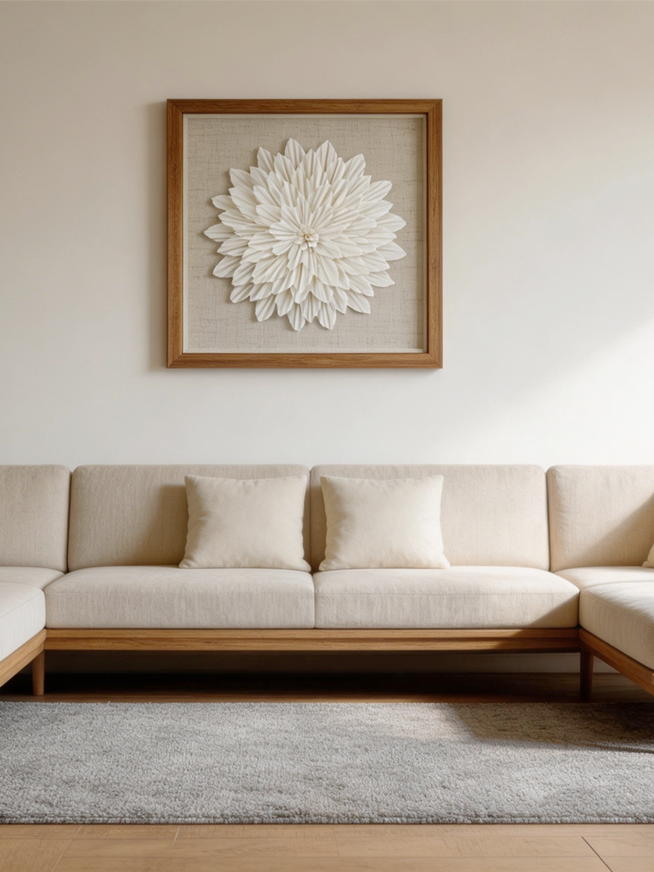 Wanddeko Kreppblume in braunem Holzrahmen über dem Sofa - Jemento