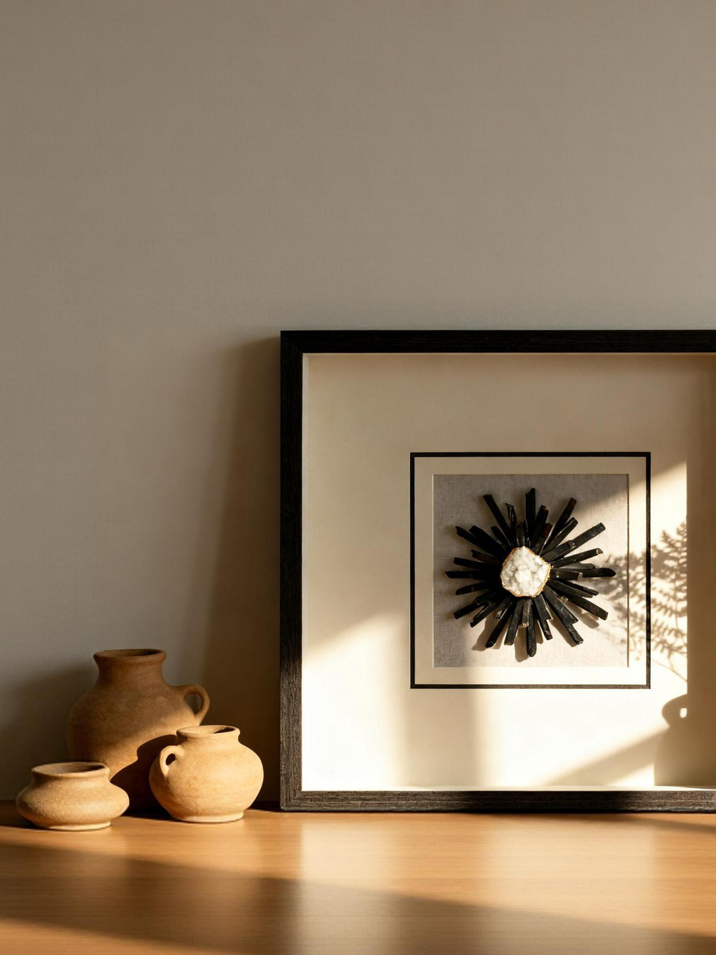 Wanddeko mit schwarzem Achat-Kristall (mehrteilig) und anthrazitgrauem Holzrahmen