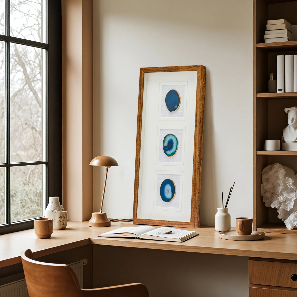 Abyssal Blue Agate Triptych – Hand - Sculpted Wall Art - Jemento