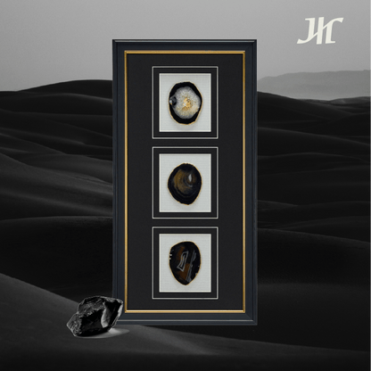Dreiteilige Schwarz - Achat Wanddeko mit Goldrand - Jemento