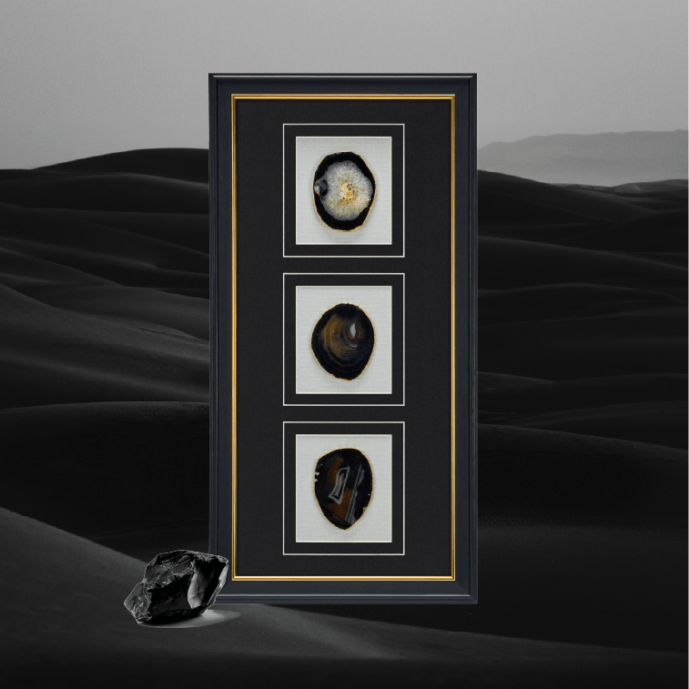 Dreiteilige Schwarz - Achat Wanddeko mit Goldrand - Jemento