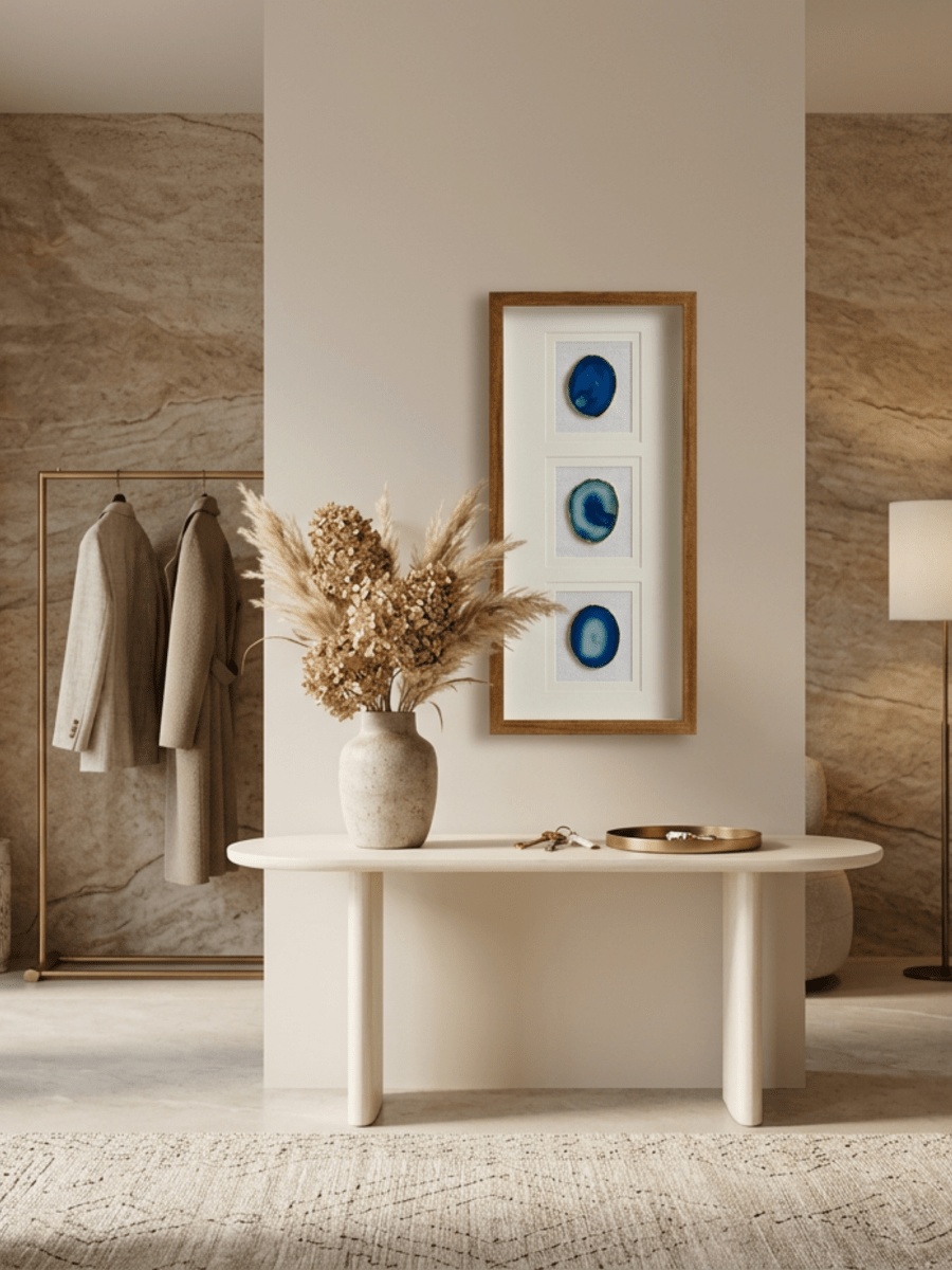 Dreiteiliger blauer Achat - Wanddeko mit braunem Rahmen - Jemento