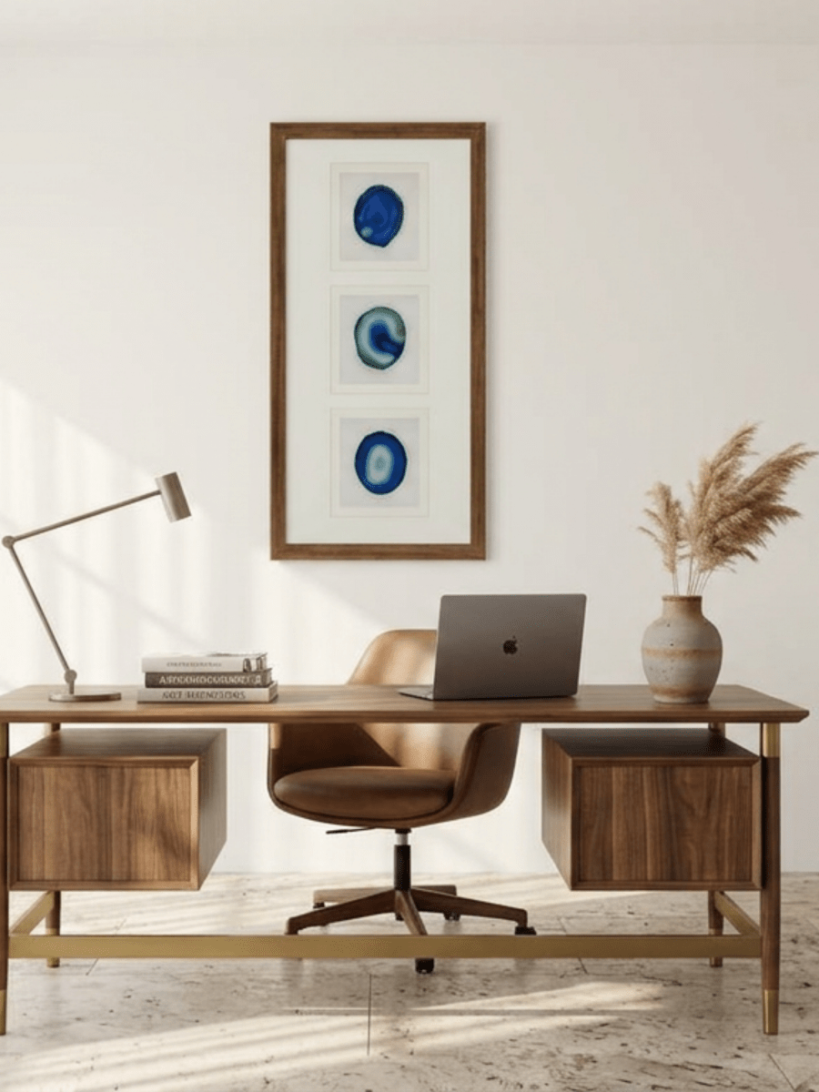 Dreiteiliger blauer Achat - Wanddeko mit braunem Rahmen - Jemento