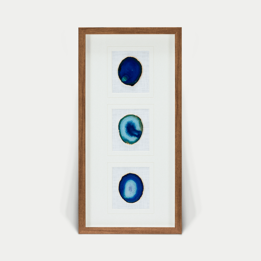 Dreiteiliger blauer Achat - Wanddeko mit braunem Rahmen - Jemento