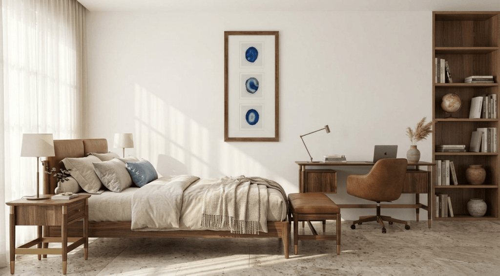 Dreiteiliger blauer Achat - Wanddeko mit braunem Rahmen - Jemento