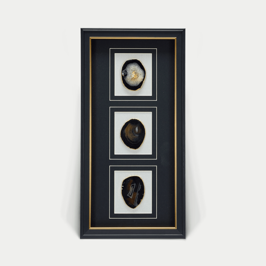Dreiteiliger schwarzer Achat - Wanddeko mit schwarz - goldenem Rahmen - Jemento