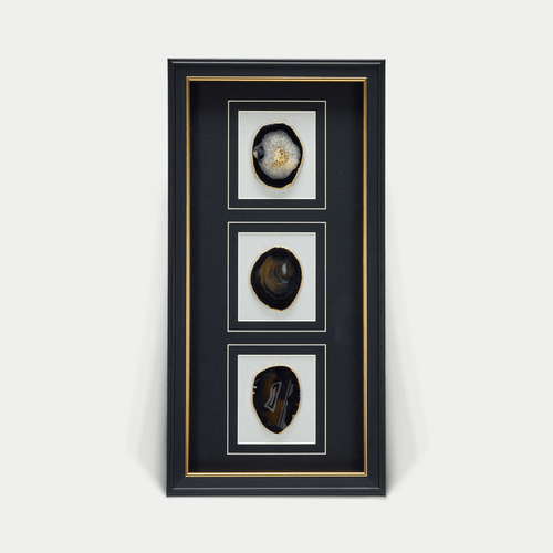 Dreiteiliger schwarzer Achat - Wanddeko mit schwarz - goldenem Rahmen - Jemento