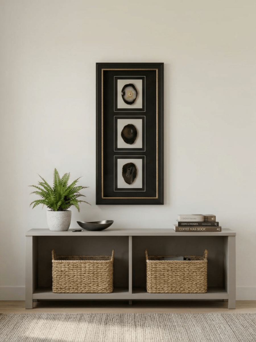 Dreiteiliger schwarzer Achat - Wanddeko mit schwarz - goldenem Rahmen - Jemento