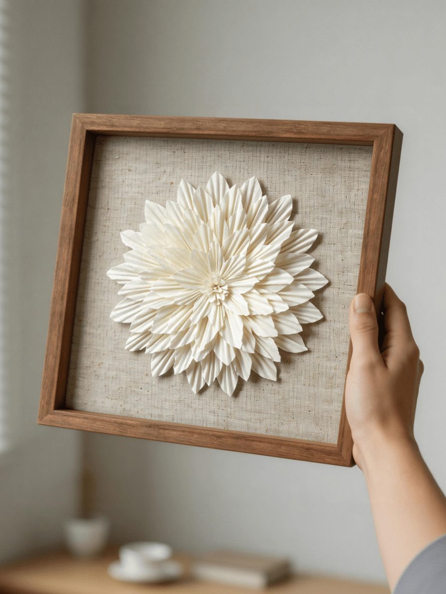 Gemütliche Wanddekoration mit 3D Papierblume, brauner Rahmen im Vintage-Stil - Jemento