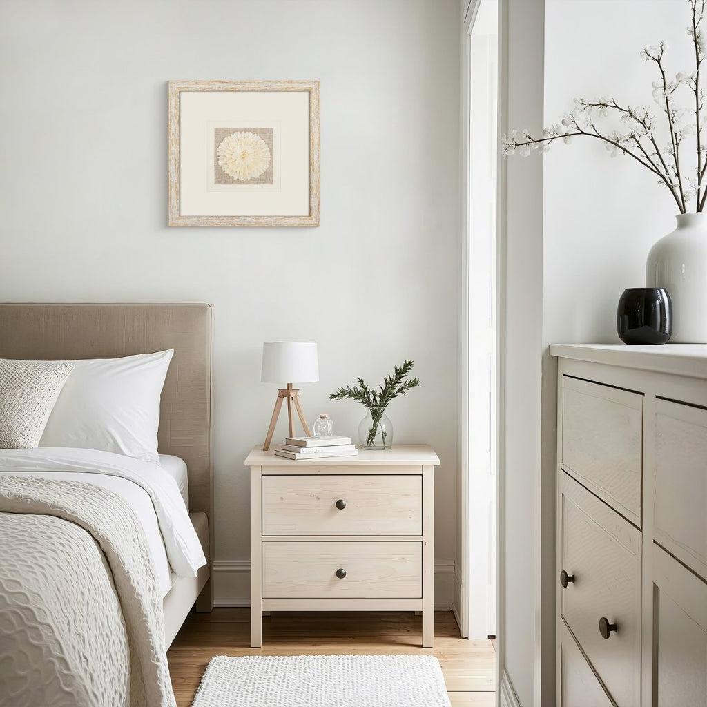 Handmade Sola Flower Paper Wall Art on Linen Backing, White Gold Leaf Frame - Jemento