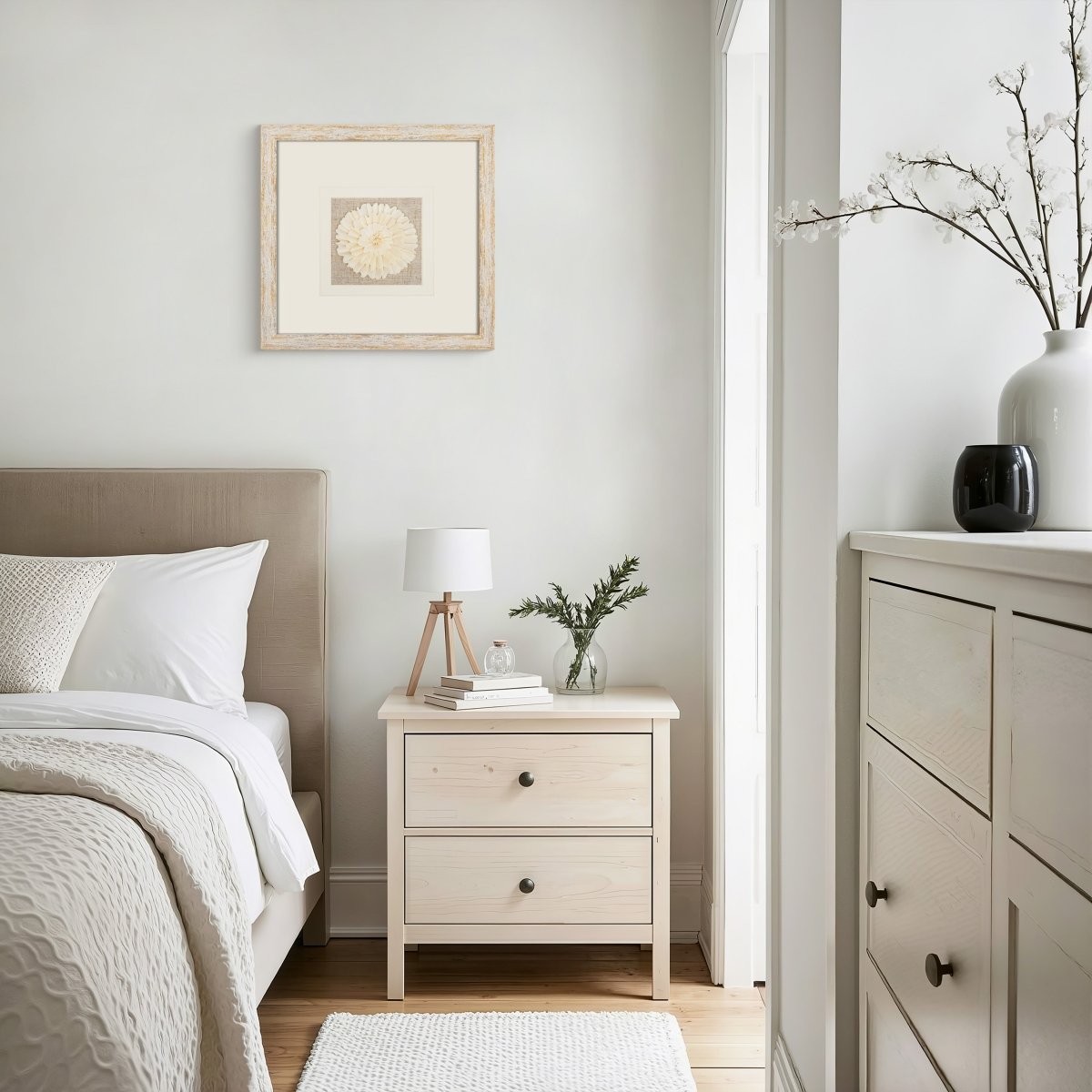 Handmade Sola Flower Paper Wall Art on Linen Backing, White Gold Leaf Frame - Jemento