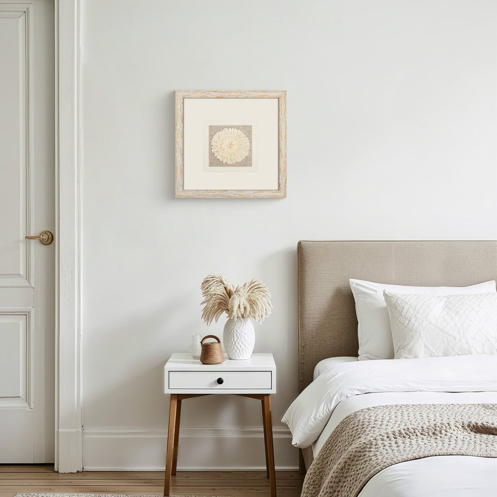 Handmade Sola Flower Paper Wall Art on Linen Backing, White Gold Leaf Frame - Jemento