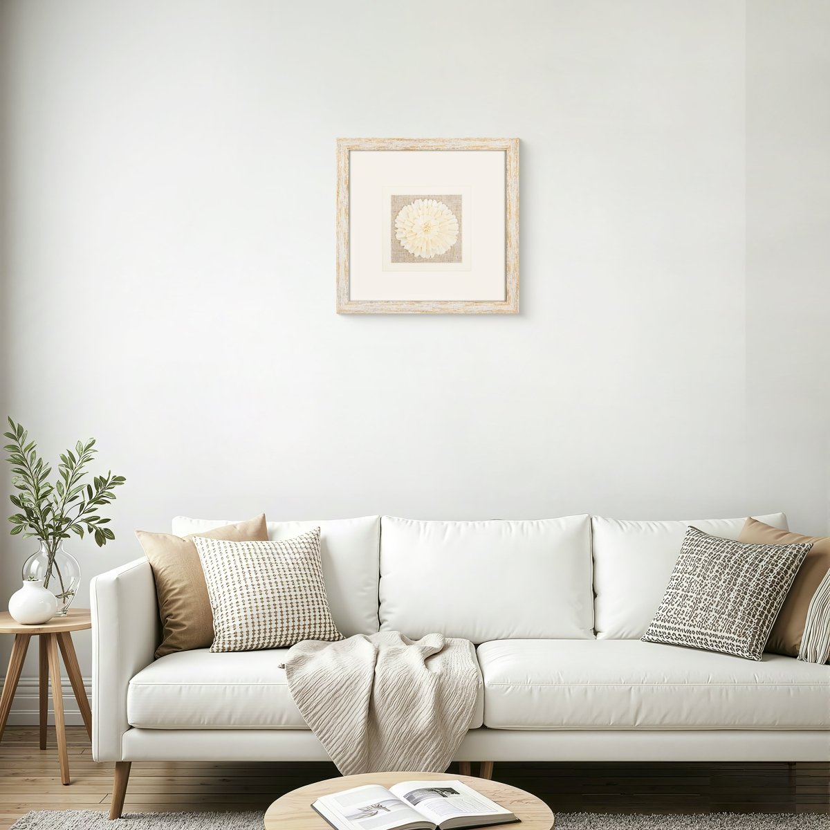 Handmade Sola Flower Paper Wall Art on Linen Backing, White Gold Leaf Frame - Jemento