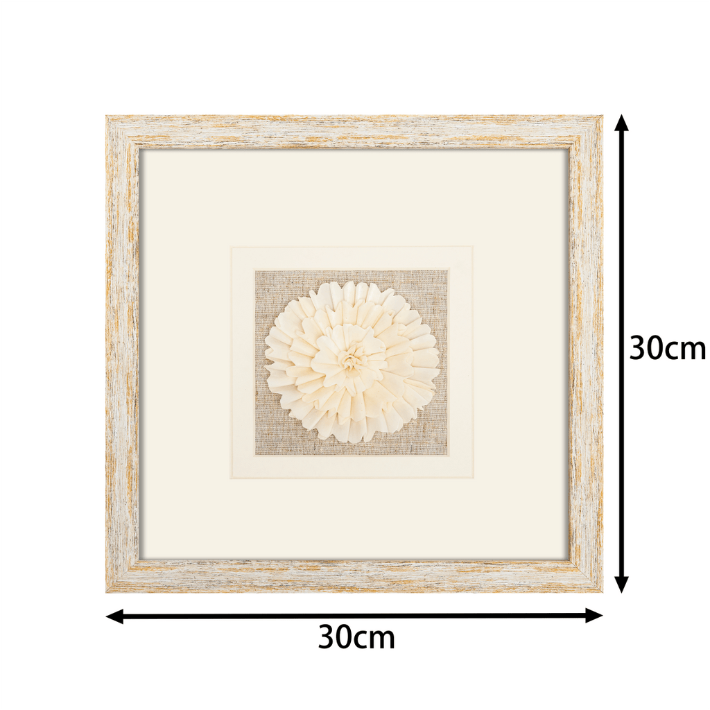 Handmade Sola Flower Paper Wall Art on Linen Backing, White Gold Leaf Frame - Jemento