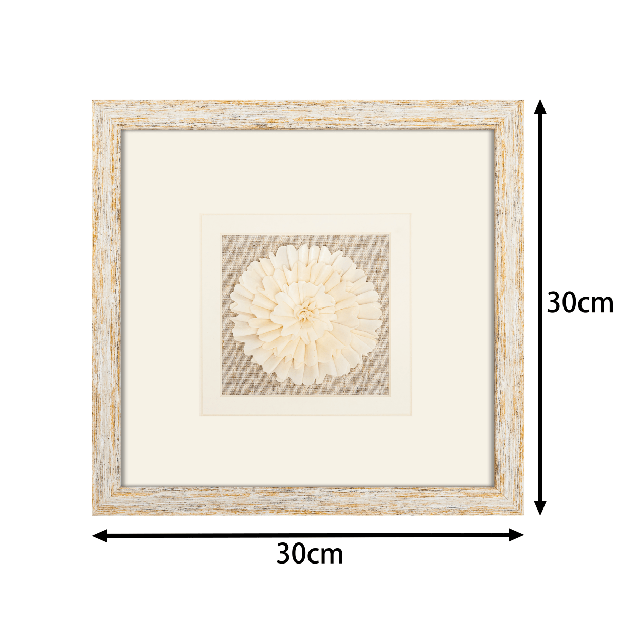 Handmade Sola Flower Paper Wall Art on Linen Backing, White Gold Leaf Frame - Jemento
