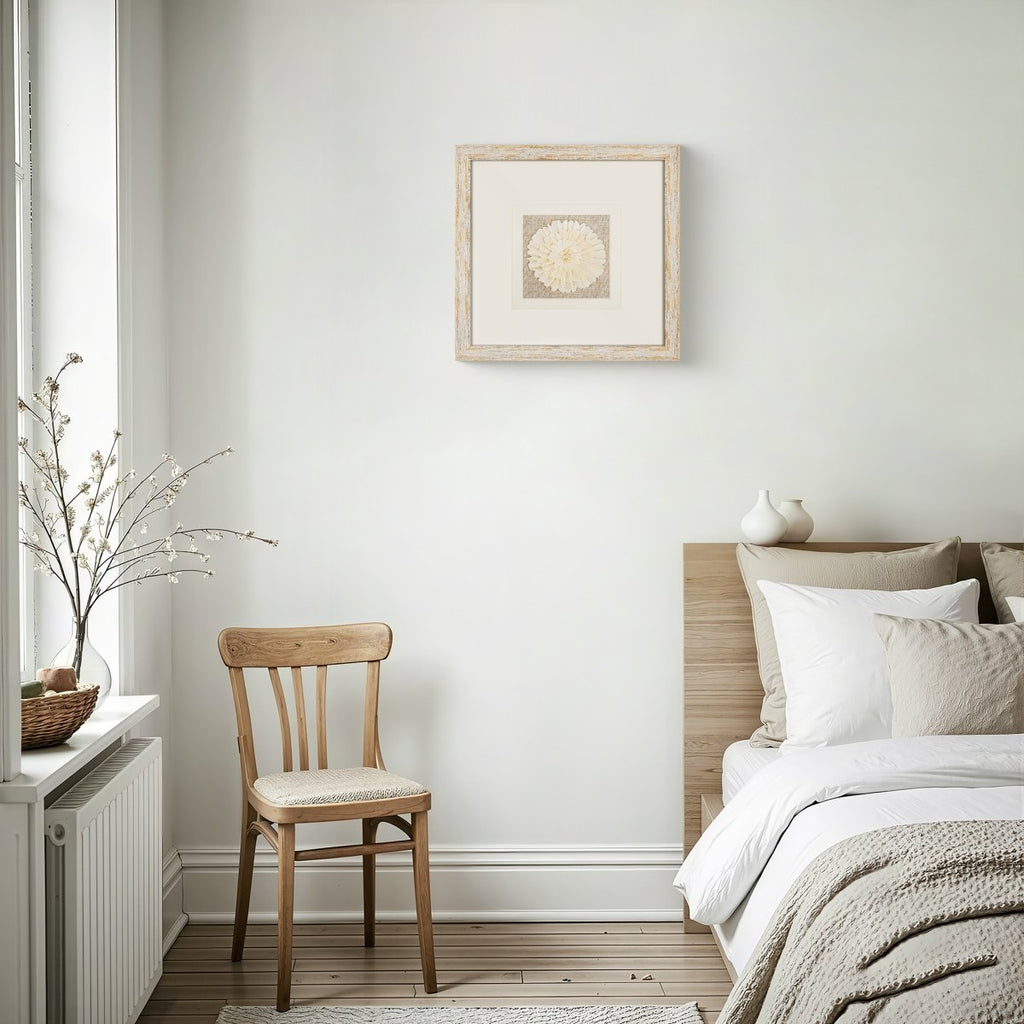 Handmade Sola Flower Paper Wall Art on Linen Backing, White Gold Leaf Frame - Jemento