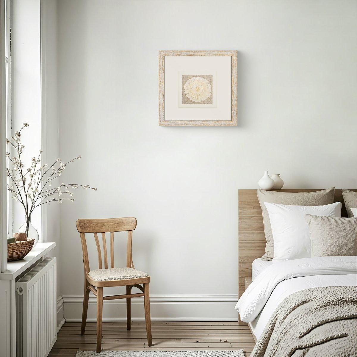 Handmade Sola Flower Paper Wall Art on Linen Backing, White Gold Leaf Frame - Jemento