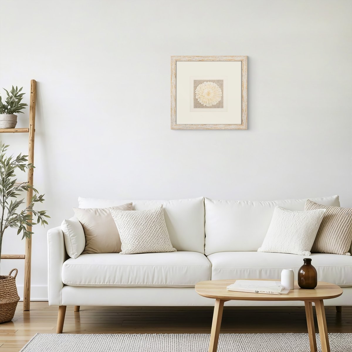 Handmade Sola Flower Paper Wall Art on Linen Backing, White Gold Leaf Frame - Jemento