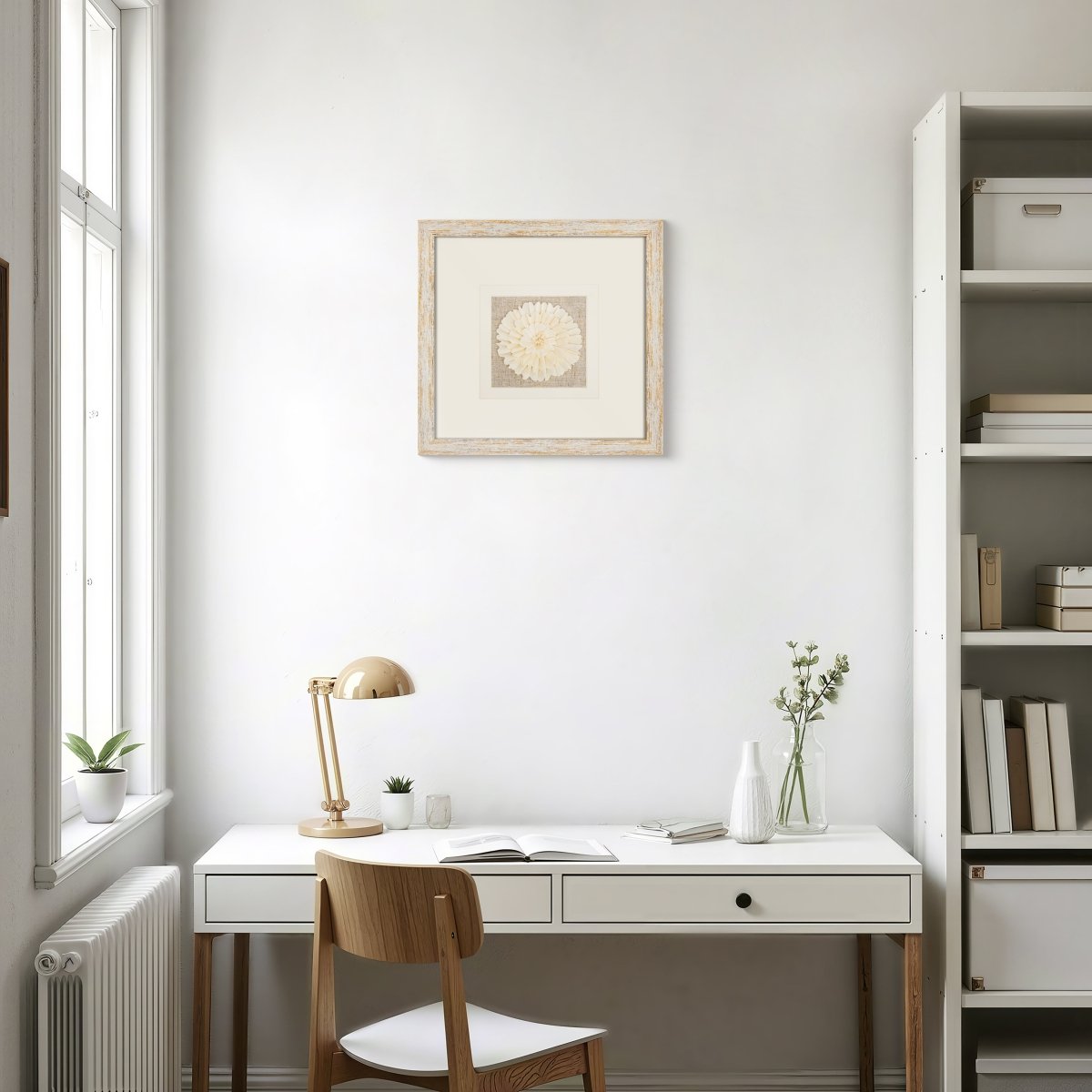 Handmade Sola Flower Paper Wall Art on Linen Backing, White Gold Leaf Frame - Jemento