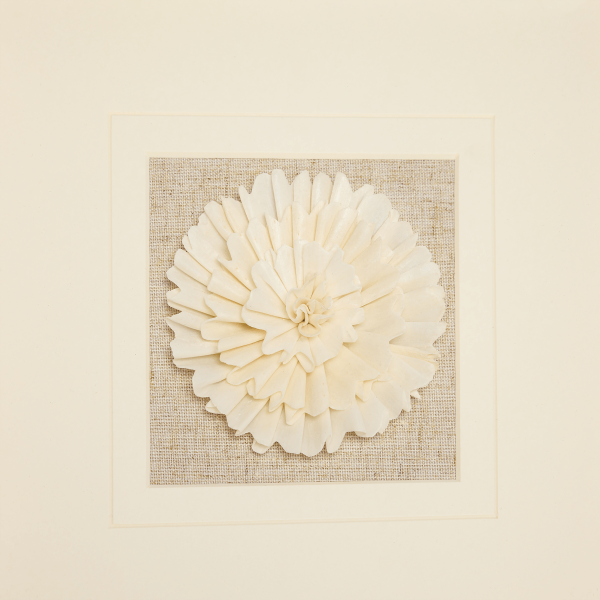 Handmade Sola Flower Paper Wall Art on Linen Backing, White Gold Leaf Frame - Jemento