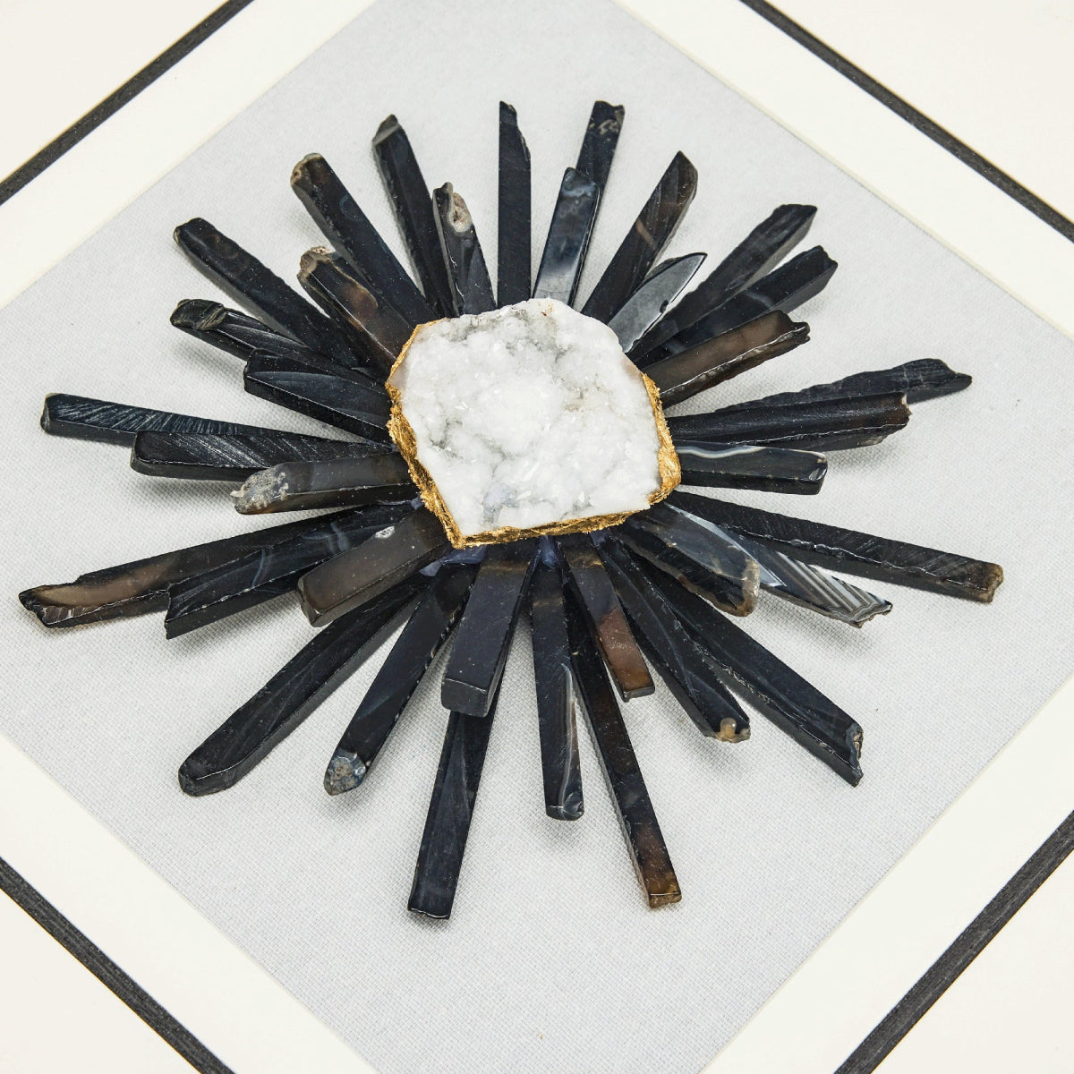 Mystical Natural Agate & Clear Crystal on White Linen in Charcoal Frame Wall Art - Jemento