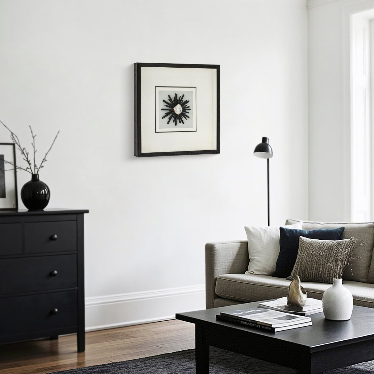 Mystischer Naturachat & Klarkristall auf Weißleinen in Holzkohlerahmen Wandbild - Jemento