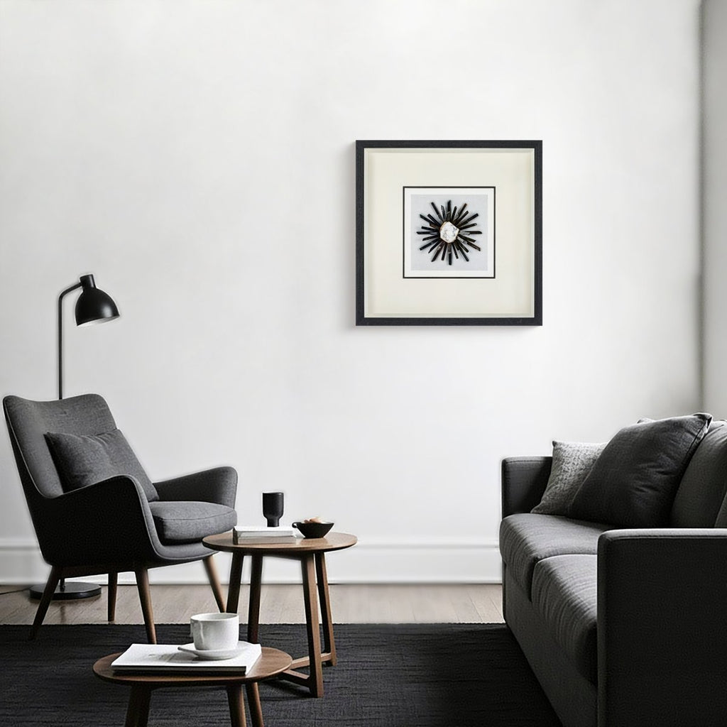 Mystischer Naturachat & Klarkristall auf Weißleinen in Holzkohlerahmen Wandbild - Jemento