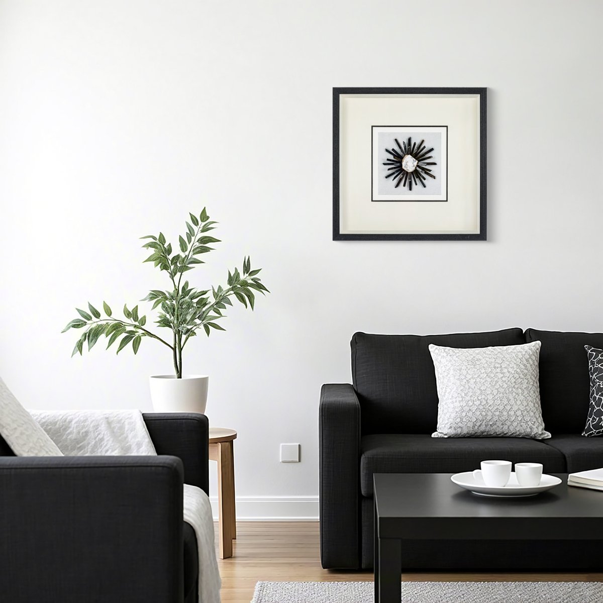 Mystischer Naturachat & Klarkristall auf Weißleinen in Holzkohlerahmen Wandbild - Jemento