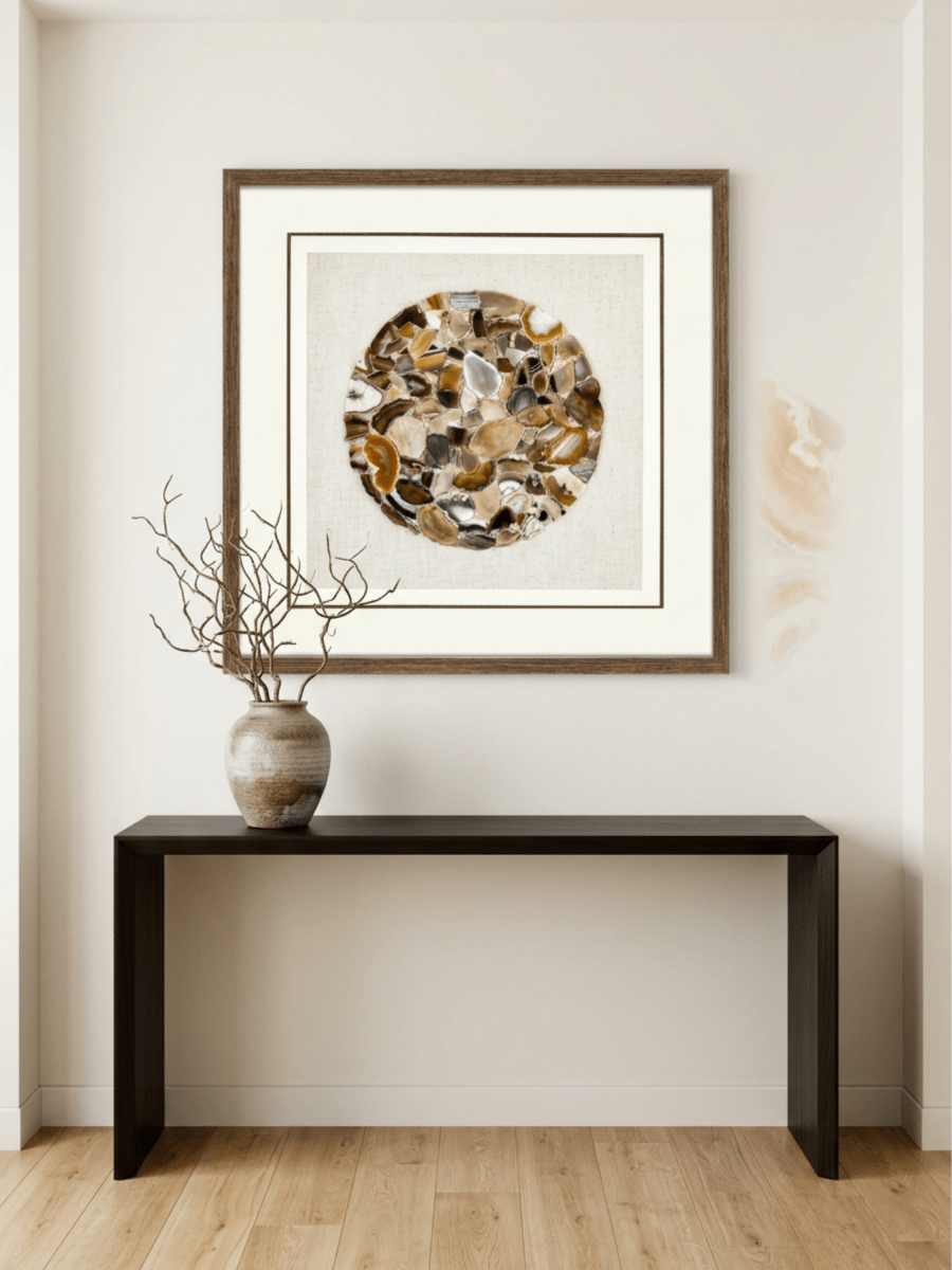 Natürliche Achatstücke - Wanddeko mit dunkelbraunem Holzrahmen - Jemento