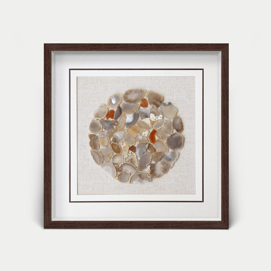 Natürliche Achatstücke - Wanddeko mit dunkelbraunem Holzrahmen - Jemento