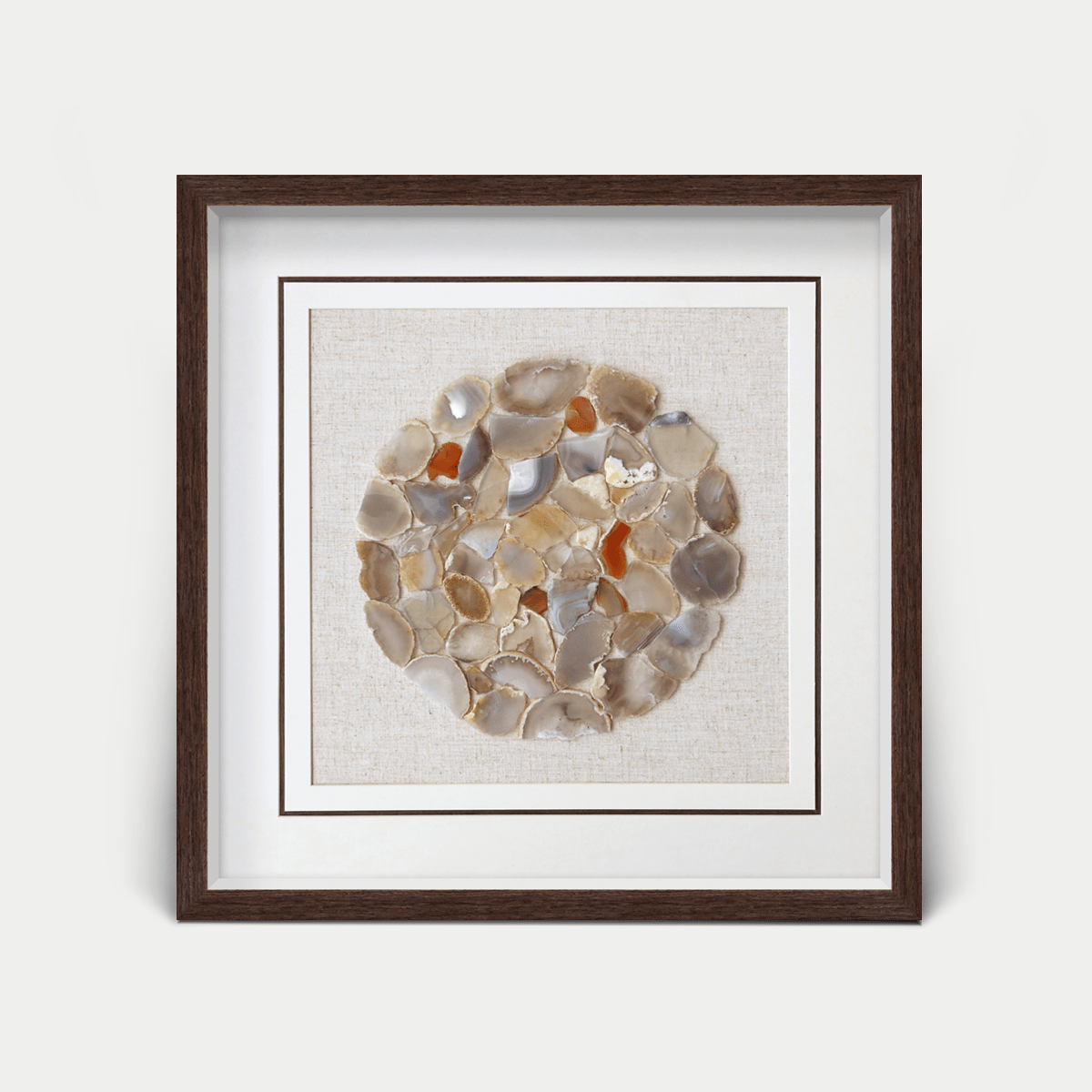 Natürliche Achatstücke - Wanddeko mit dunkelbraunem Holzrahmen - Jemento