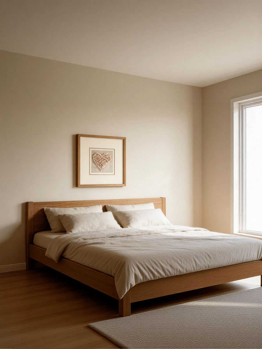 Rosenquarz - Herz - Wanddeko mit hellgrauem Holzrahmen - Jemento