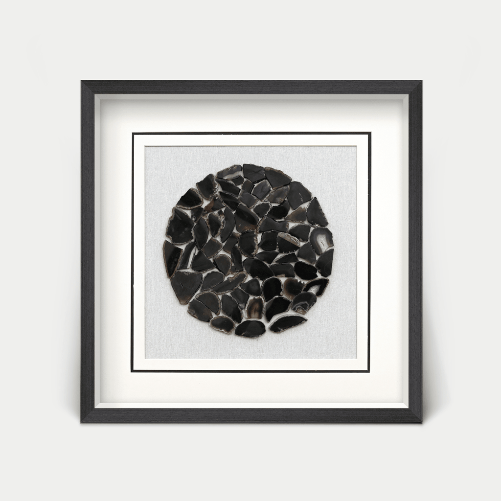 Schwarze Achatstücke - Wanddeko mit anthrazitgrauem Holzrahmen - Jemento