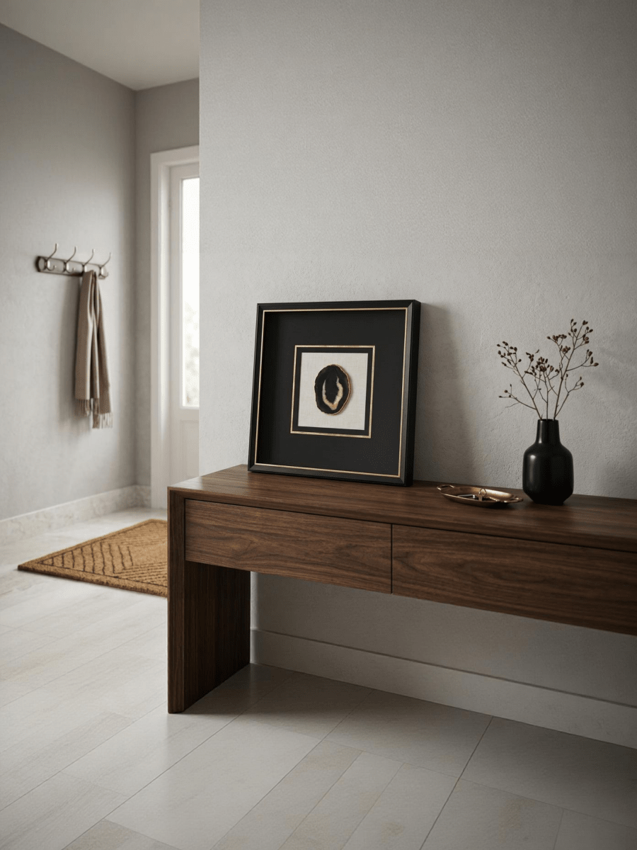 Schwarze Achatstücke - Wanddeko mit schwarz - goldenem Rahmen - Jemento