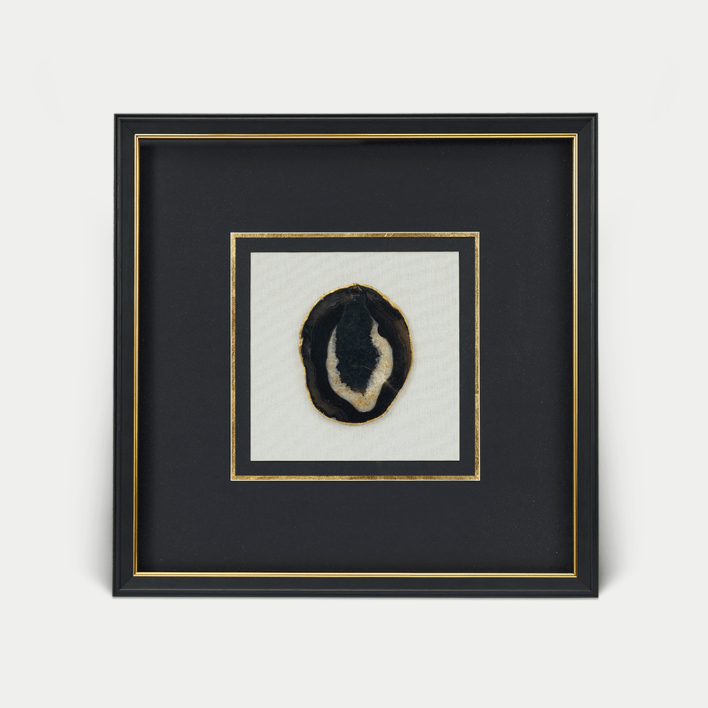 Schwarze Achatstücke - Wanddeko mit schwarz - goldenem Rahmen - Jemento