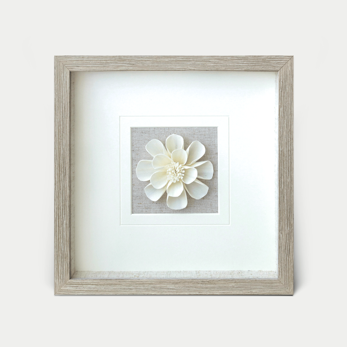 3D Wandbild mit weißen Sola-Blüten und Zweig in modernem grauen Rahmen - Jemento