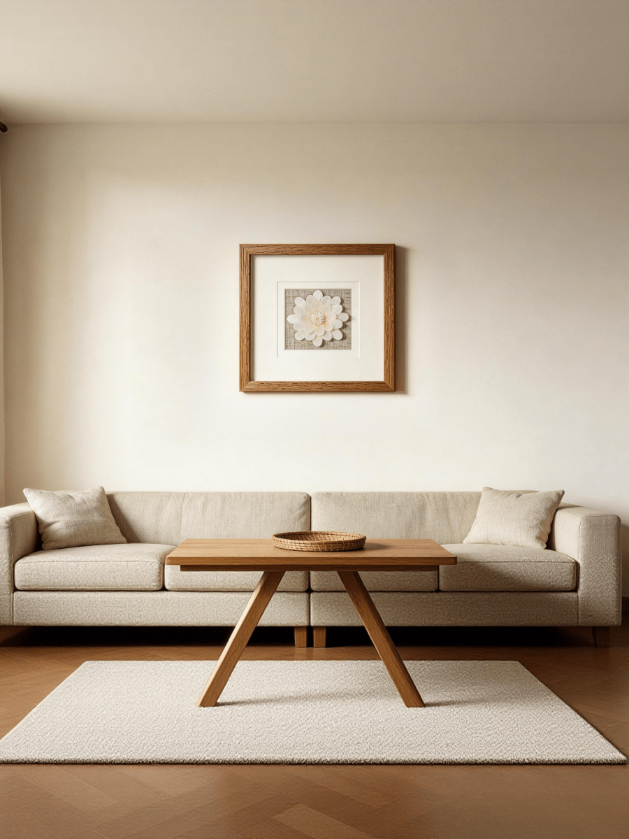 Minimalistische Wandgestaltung mit Sola-Blume über dem Sofa - Jemento