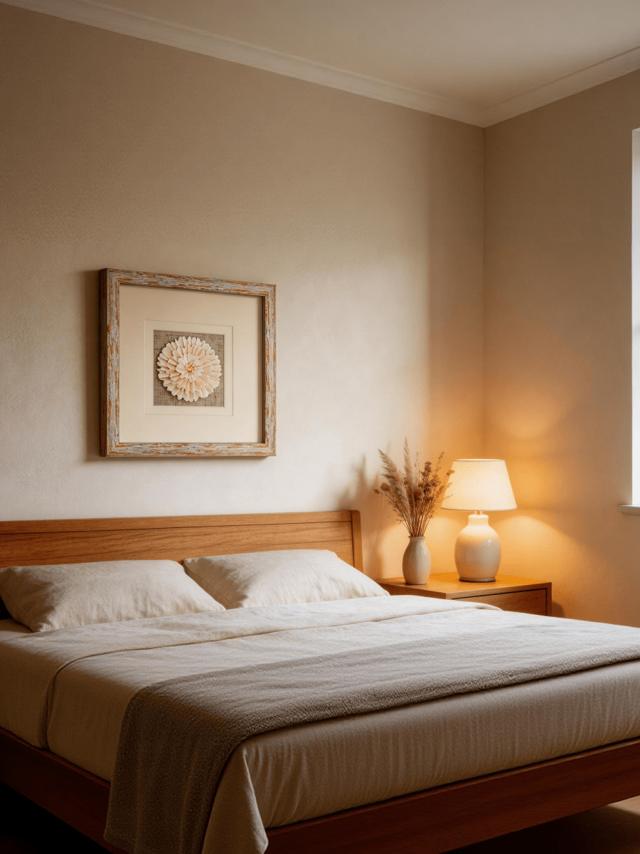 Gemütliches Schlafzimmer-Ambiente mit Jemento Sola-Blume Wanddekoration über dem Bett, warme Beleuchtung.