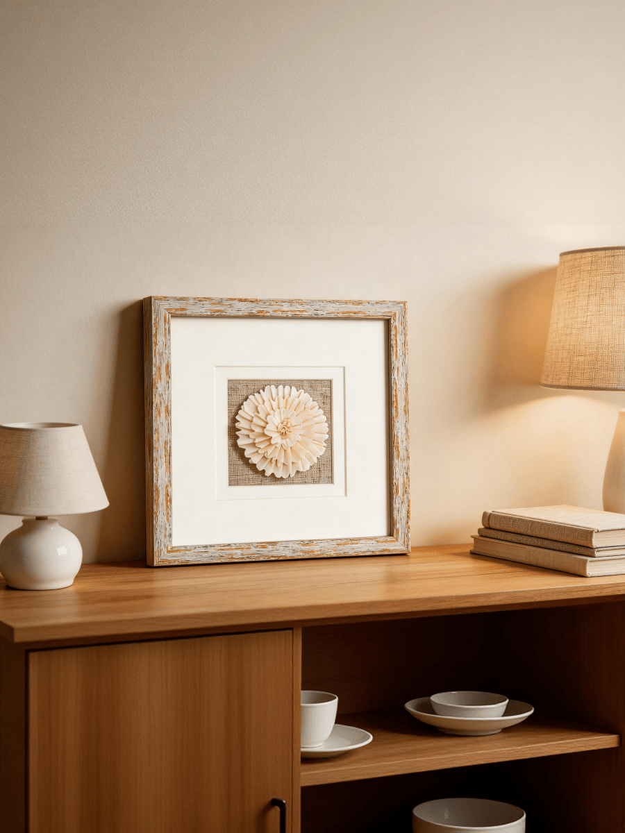 Elegante Wanddeko auf einer Holzkommode, gemütliche Raumgestaltung