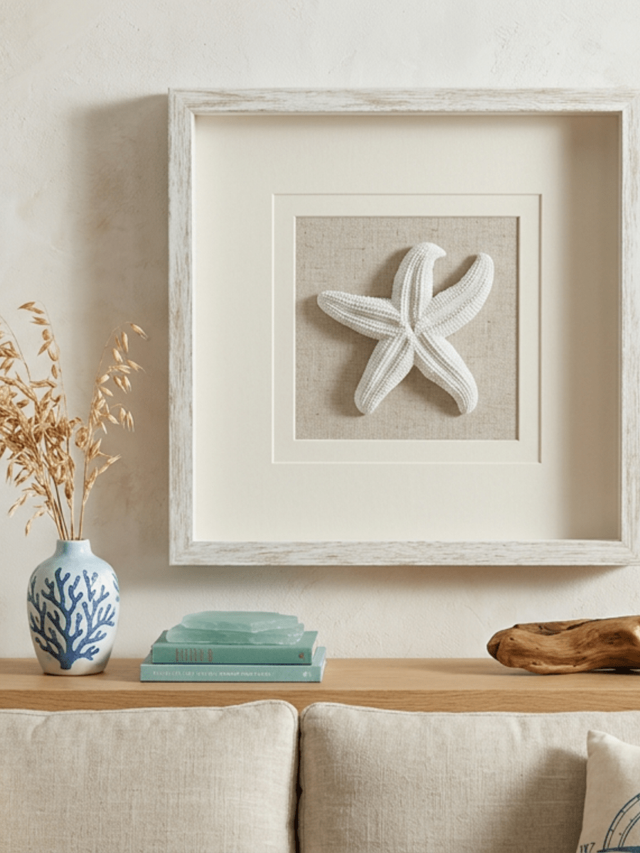 Wanddeko mit naturfarbenem Seestern und weißem Rahmen - Jemento