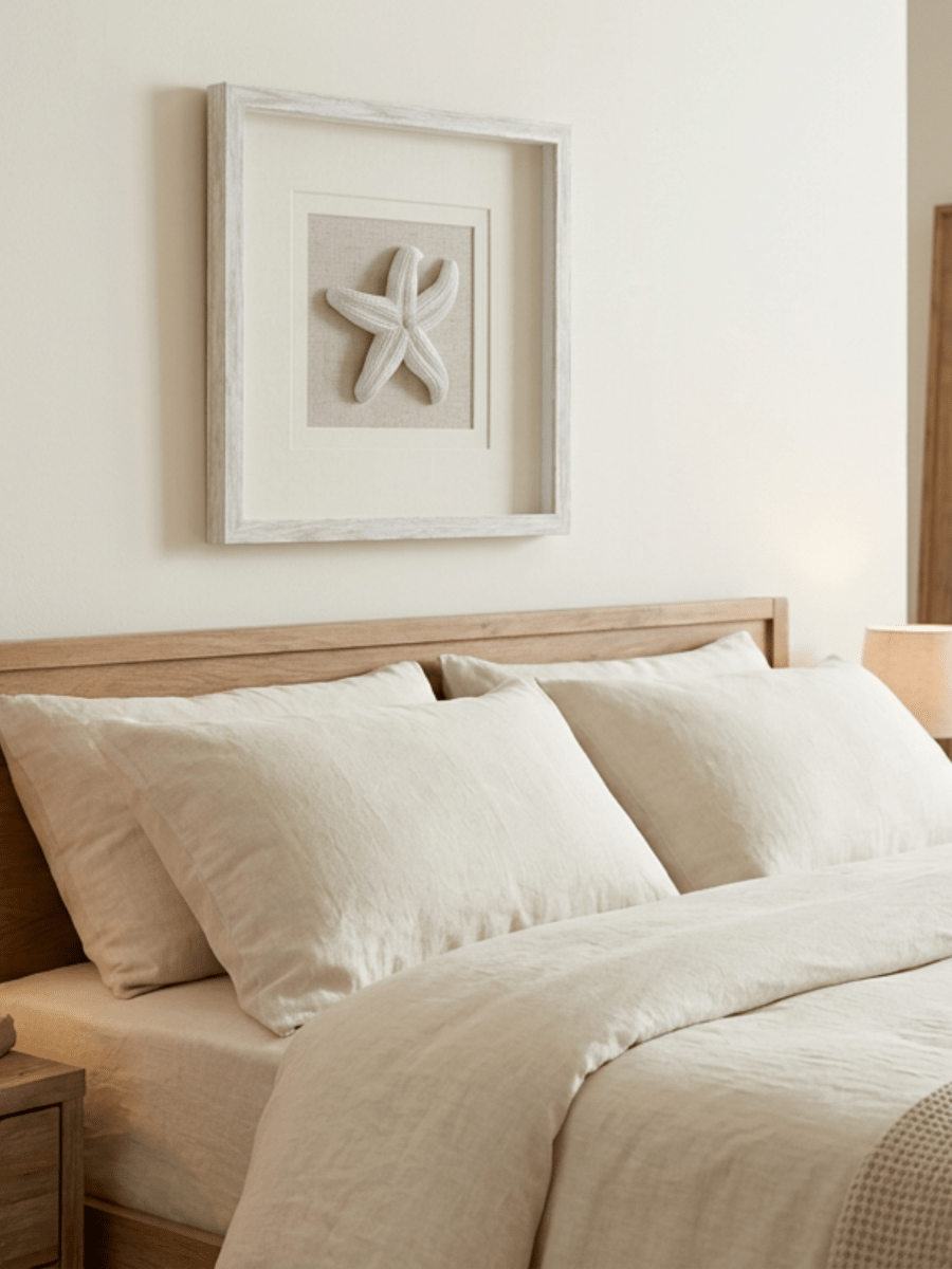 Wanddeko mit naturfarbenem Seestern und weißem Rahmen - Jemento