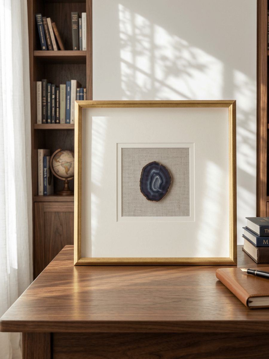 Wanddeko mit natürlichen Achatfragmenten und goldfarbenem Rahmen - Jemento