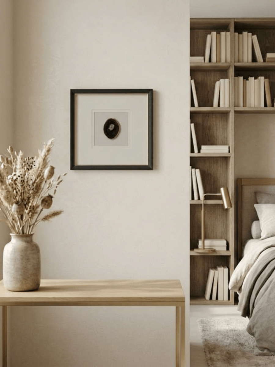 Wanddeko mit schwarzen Achatfragmenten und schwarz - goldenem Holzrahmen - Jemento