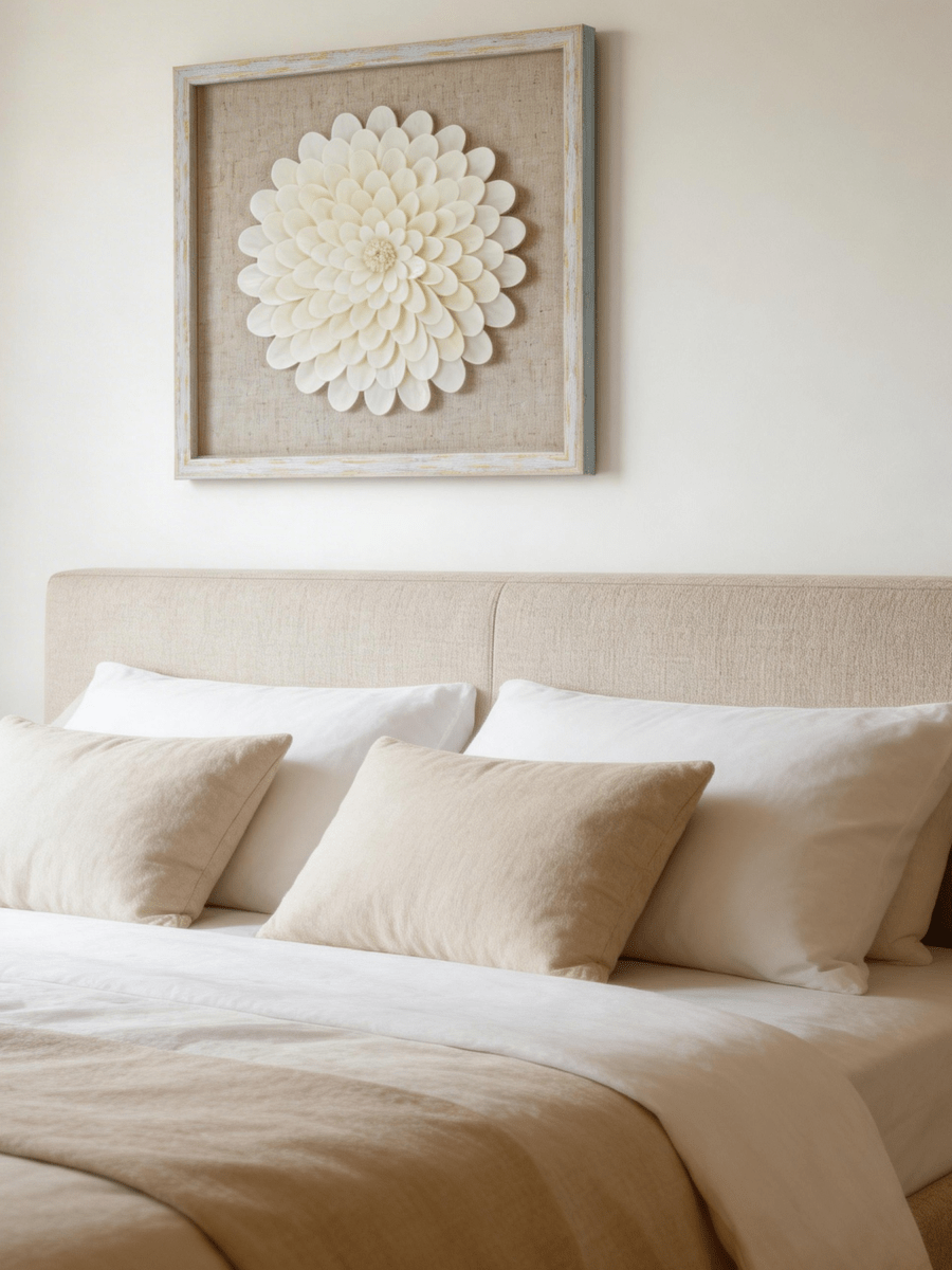 Wanddeko mit Sola - Blütenarrangement und weiß - goldenem Rahmen - Jemento