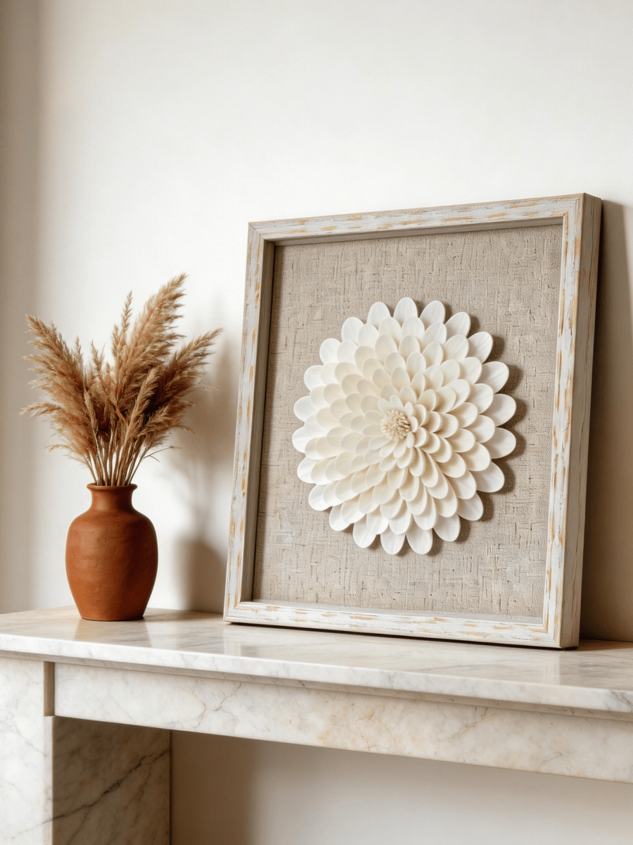 Wanddeko mit Sola - Blütenarrangement und weiß - goldenem Rahmen - Jemento