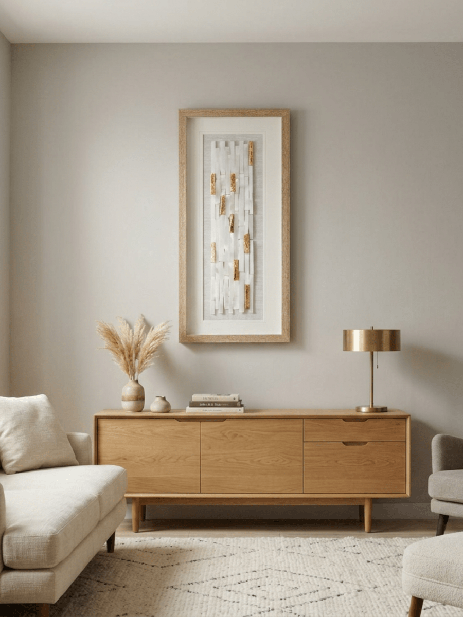 Weiße Selenitstreifen - Wanddeko mit hellgrauem Holzrahmen - Jemento